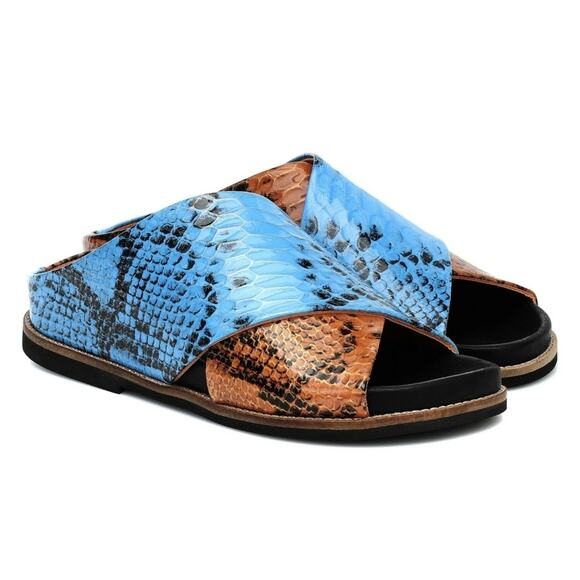 GANNI Embossed Orange Blue Snakeskin Crossover Leather Slide Sandals (Sz 10.5) - Picture 1 of 13